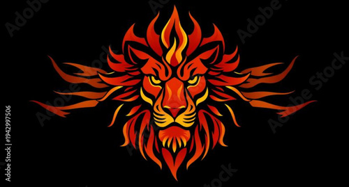 A black tribal lion head vector illustration featuring a gothic fire design and wild animal face symbol for a rock logo or death metal art tattoo