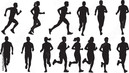 A collection of running people depicted in black silhouette