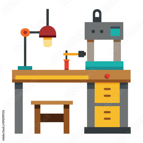 Professional workbench setup with industrial press machine, desk lamp, tools, and a wooden stool