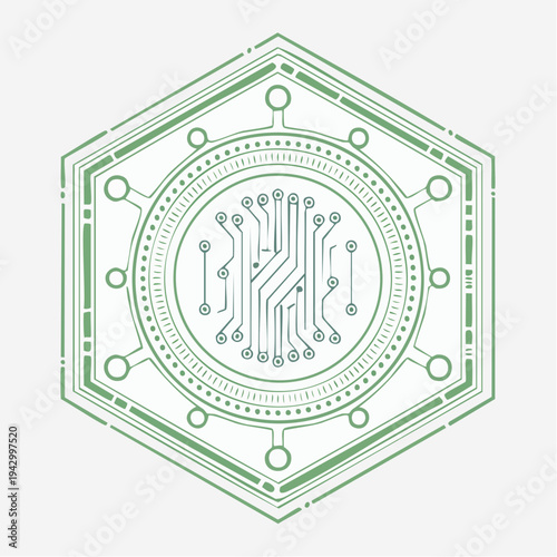Abstract futuristic circuit board design in hexagonal frame with glowing lines