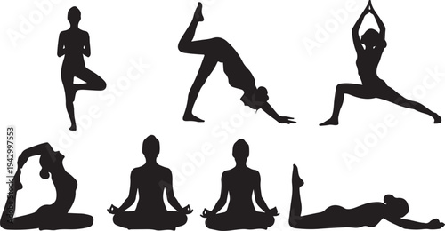 Diverse yoga poses depicted in black showcasing human flexibility silhouette