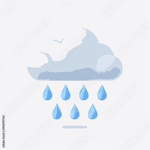 A fluffy gray cloud releasing seven blue raindrops against a light gray background
