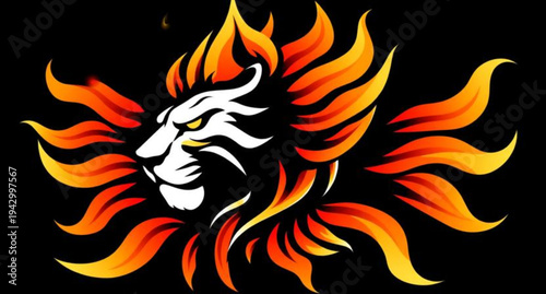Powerful flaming lion head vector illustration featuring a wild animal mascot design with tribal fire art and black silhouette elements for a tattoo style logo