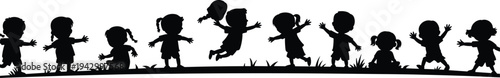 Children playing silhouette collection, happy kids running jumping and having fun outdoors, childhood activity scene isolated, flat vector illustration