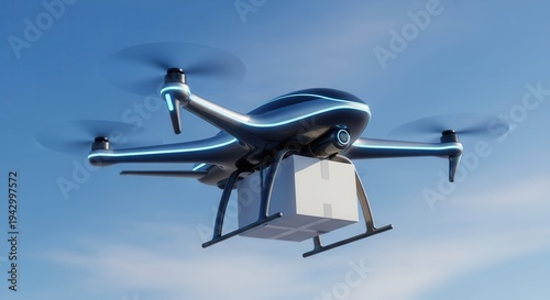 Sleek unmanned aerial vehicle carrying a package flies high in the clear blue sky