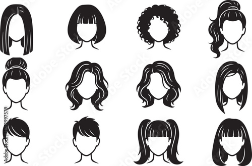 Collection of diverse female hairstyles presented as a striking silhouette