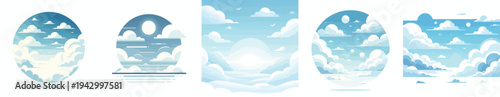 Vector Clear Sky with Soft Clouds. Spring Theme. Vector, flat, illustration, minimalist, icon, icon set
