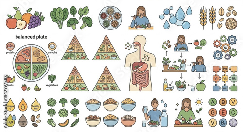 Healthy food infographic elements with balanced diet and nutrition icons