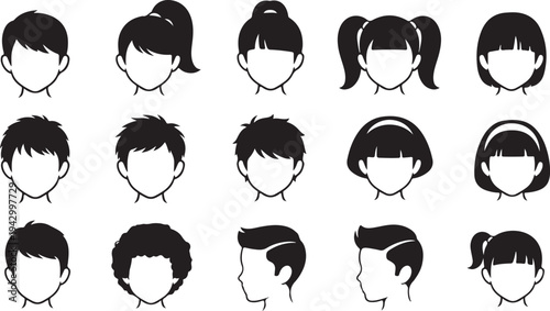 Collection of diverse faceless children s heads in black a silhouette