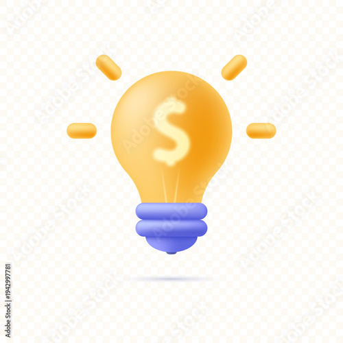 Light bulb with a dollar sign-shaped filament isolated on a light background. Concept for an idea or profitable business. Vector 3D illustration.