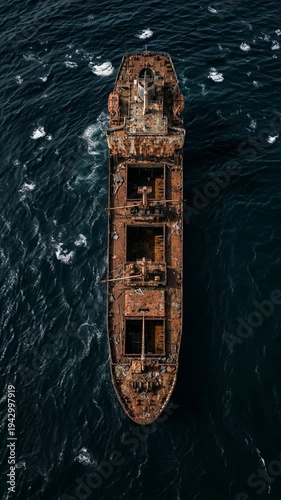 Aerial View of Rusty Shipwreck on Dark Blue Sea with White Waves and Crashing Swells Cinematic Lighting High Angle Vertical Composition Dramatic Scene