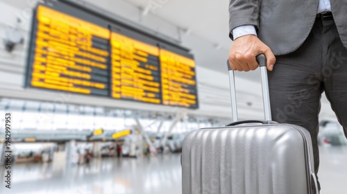 Businessman holding suitcase at airport near flight information display. Travel concept for professional trip. Corporate worker ready for business flight. Passenger in terminal with luggage.