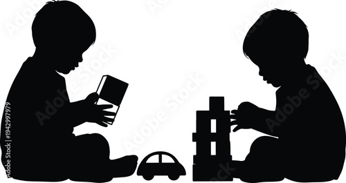Children playing with toys silhouettes, kids building blocks and toy car childhood playtime learning activity concept, flat vector illustration