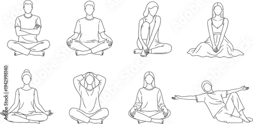 Minimalist vector line art of diverse people meditating and sitting in yoga poses, faceless human characters relaxing in various positions