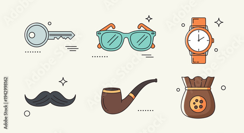 A collection of stylish accessories including a key, sunglasses, watch, pipe, mustache, and a pouch in a flat design