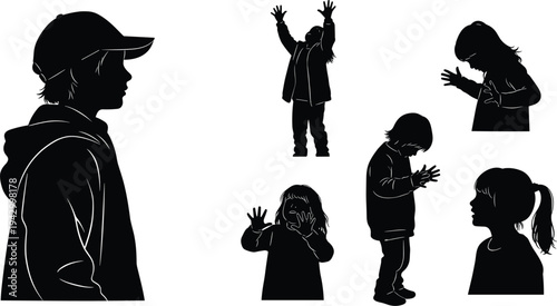 Children silhouette poses collection, kids standing thinking playing raising hands emotional expressions childhood activity character set, flat vector illustration