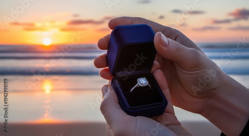 Person opens velvet case revealing brilliant diamond engagement ring against golden sunset ocean backdrop