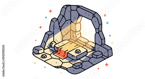 A stylized illustration of a cave entrance with geometric shapes and soft colors, ideal for adventure themes