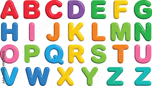 Colorful alphabet letters A-Z, kids education learning font, playful cartoon bubble typography, preschool kindergarten language teaching, bright multicolor vector illustration