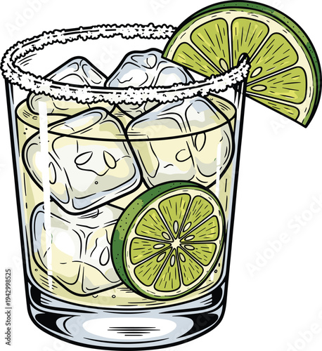 Fresh margarita cocktail with lime slices and salt rim on glass illustration for summer beach party