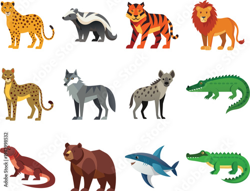 12 violent animals vector illustration, Lion, Tiger, Leopard, Cheetah, Wolf, Hyena, Crocodile, Alligator, Shark, Grizzly Bear, Komodo Dragon, Honey Badger.