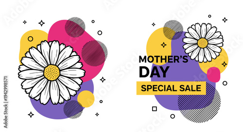 Stylized flower illustrations with vibrant geometric shapes, perfect for Mother's Day promotions and sales