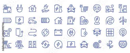 Charging web icons in line style. Charging, charging station, battery, electricity, wireless charging, electric car, collection. Vector illustration.