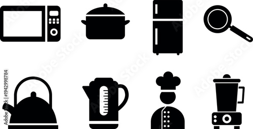 Kitchen appliances and cooking utensils icons
