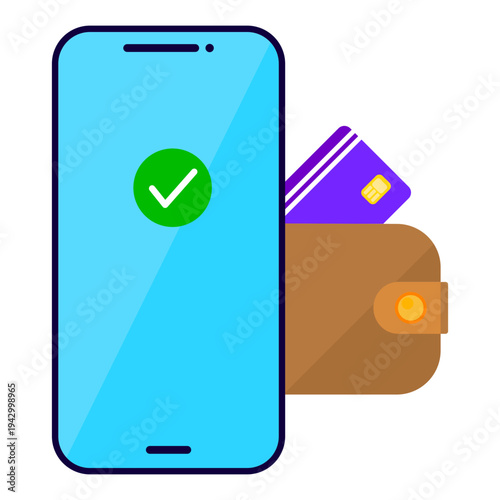 Modern mobile payment interface showing a successful transaction with a green checkmark on a smartphone screen and a digital wallet with a purple credit card.