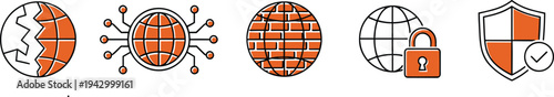 Global network security and cyber defense icons with orange world maps and digital firewall designs