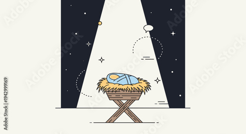 A minimalist illustration of a nativity scene featuring a manger under a starry sky, perfect for holiday themes
