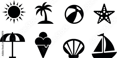 Black and white beach icons set including sun palm tree starfish umbrella ice cream and sailboat