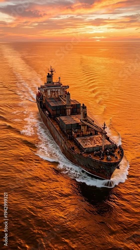 Container Ship Sailing Across Golden Ocean at Dramatic Sunset Aerial View