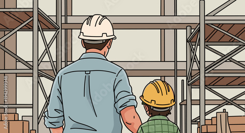 Two construction workers observing a warehouse interior with scaffolding, illustrated in a modern flat style