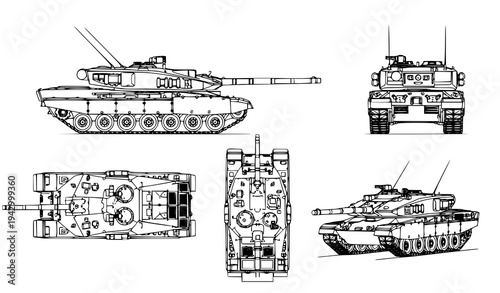 Challenger 2 Main Battle Tank Vector – Side Front Back Top and Perspective Views