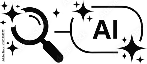 AI search icon with magnifying glass and magic sparkles for artificial intelligence data discovery cad drawing flat vector illustration black.