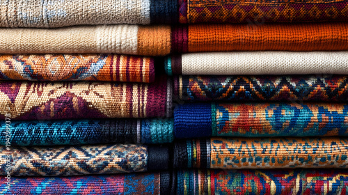 A vibrant collection of intricately designed textiles stacked neatly, showcasing rich colors and patterns