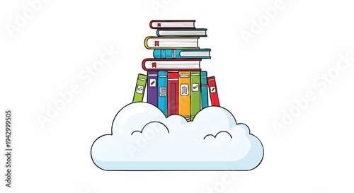 Colorful books stacked on white fluffy cloud illustration