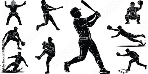 Baseball player silhouettes collection in action poses