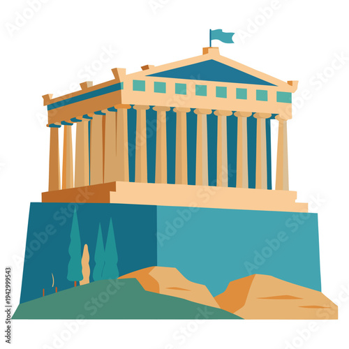 Classical Ancient Greek Temple Illustration with Traditional Pillars and Ancient Landscape Elements