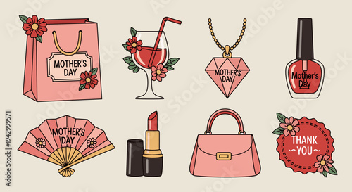 A colorful collection of Mother's Day themed illustrations featuring gifts, flowers, and cosmetics in a modern flat style