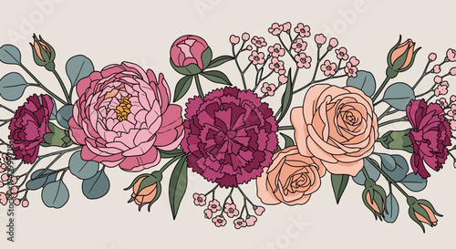 A vibrant floral arrangement featuring peonies, roses, and other blossoms in a modern outline style