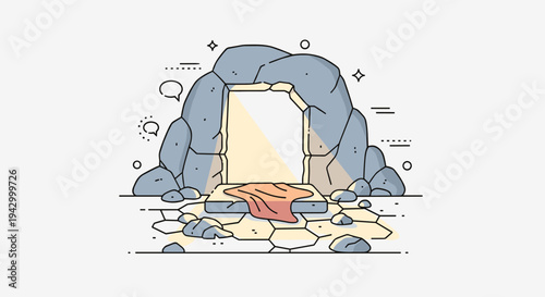 A stylized cave entrance surrounded by rocks, featuring a minimalist design and modern line art style