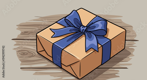 A beautifully wrapped gift box with a blue ribbon, illustrated in a colorful, cartoon style, perfect for celebrations