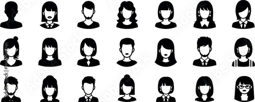 Collection of anonymous cartoon-style human head silhouettes in various hairstyles