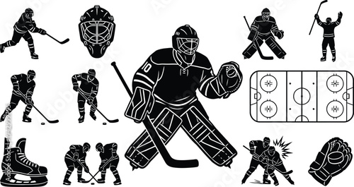 Ice hockey silhouette collection with players and equipment