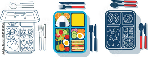 Bento box lunch set with healthy food containers including rice ball salad and sandwiches in vector