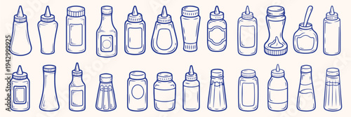 Hand Drawn Bottle Collection: Ketchup, Mustard, Sauces, Jars - Outline Set