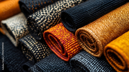 Close-up view of rolled textured fabrics in various colors arranged neatly, showcasing intricate patterns and designs