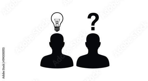 Two heads a lightbulb and a question mark a dark silhouette